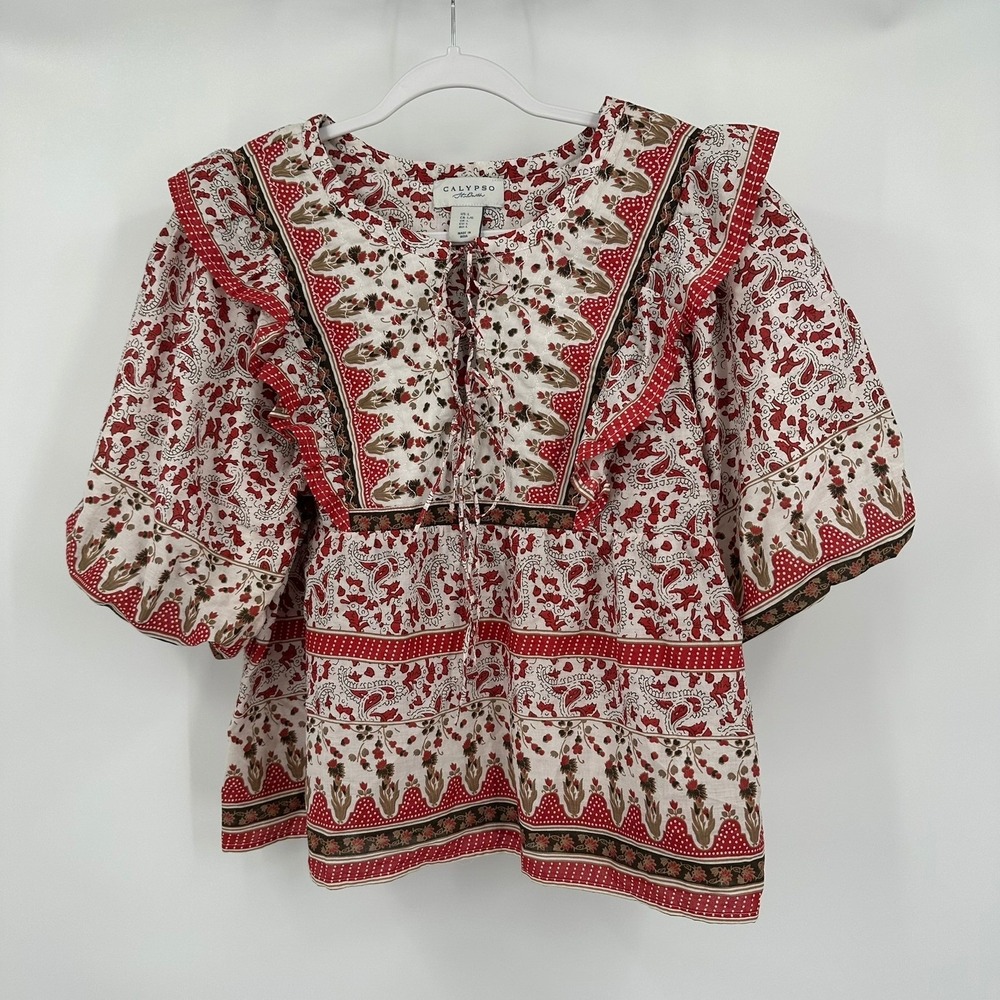 Womens Boho Gypsy Peasant Blouse Sz L Paisley Ruffle Cottagecore Folk Romantic